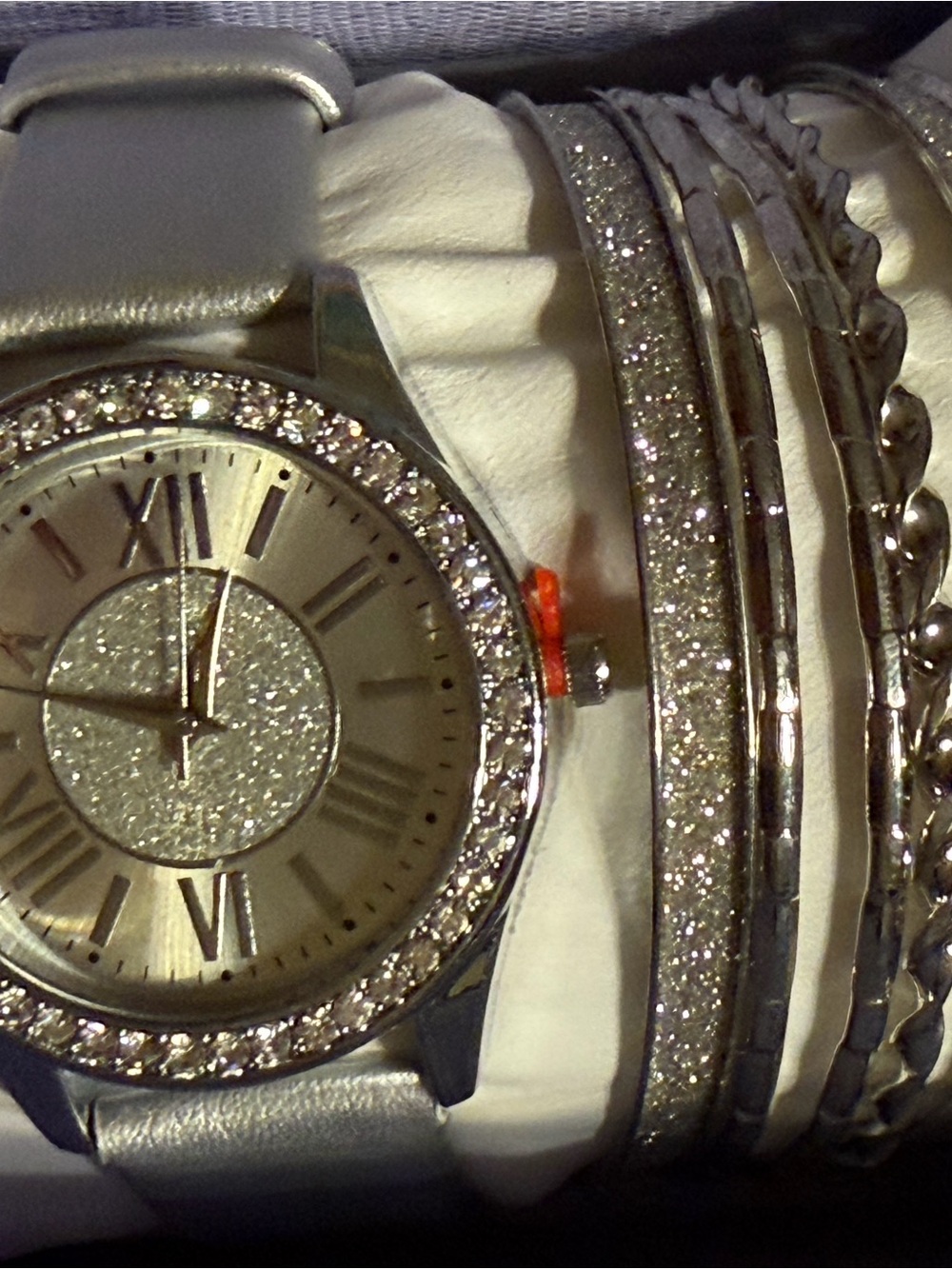 Jaclyn Smith Silver Glitter Dial Women's Watch with Matching Bracelets